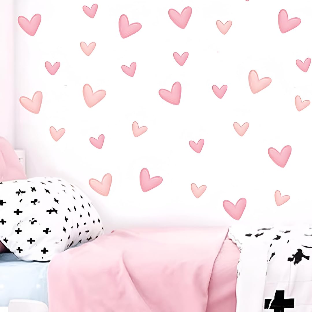 IMAGIVISE 90pcs Pink Heart Wall Stickers for Kids Room, Girls Bedroom, Nursery, Baby Room, Living Room – PVC Heart Shape Decals for Interior Decoration & Wallpaper Murals-image-0