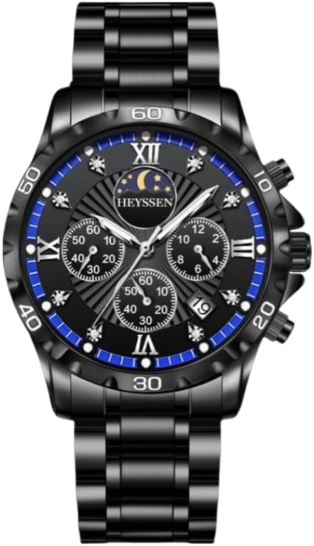 Watches for Men Stainless Steel: Dress Watch for Mens Quartz Analog Wrist Luxury Black Metal Tone Blue Dial Big Classic Diver Waterproof Chronograph Black Face Business Man Gift Black Case Blue Bezel image 8 of 8 B0FBGLQNKF