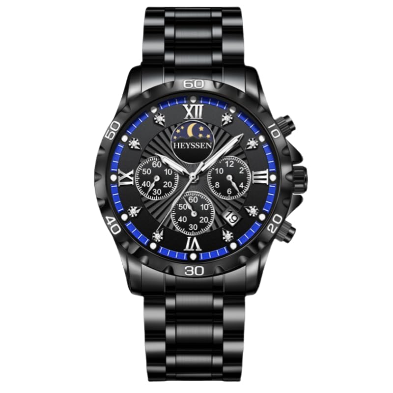 Watches for Men Stainless Steel: Dress Watch for Mens Quartz Analog Wrist Luxury Black Metal Tone Blue Dial Big Classic Diver Waterproof Chronograph Black Face Business Man Gift