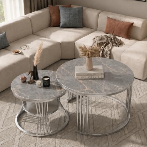 Image of Brown Art SHOPPEE Round Coffee Table Home Decor Furniture Coffee Table Sets,2 Piece MDF Top,Stacking Nesting Table with Iron Frame for Living Room Living Room or Lounge (Silver Grey)