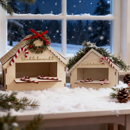 Miniatur Weihnachtsmarkt Buden aus Holz Set - Kleine Holzhäuschen*2...