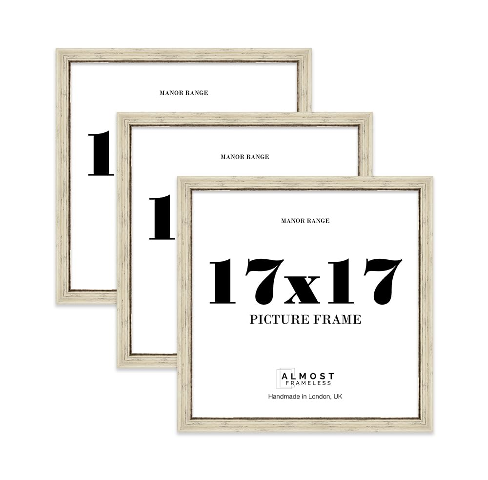 17x17 Picture Frame, Display 17x17 Pictures (43.2 x 43.2cm) - Distressed Cream Luxurious 42mm Edge Photo Display - 3 Pack
