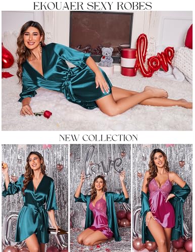 Image of Ekouaer Women's Satin Robe Valentines Lingerie for Women Kimono Bathrobe Short Ruffle Belted Robes Bridesmaids Sleepwear