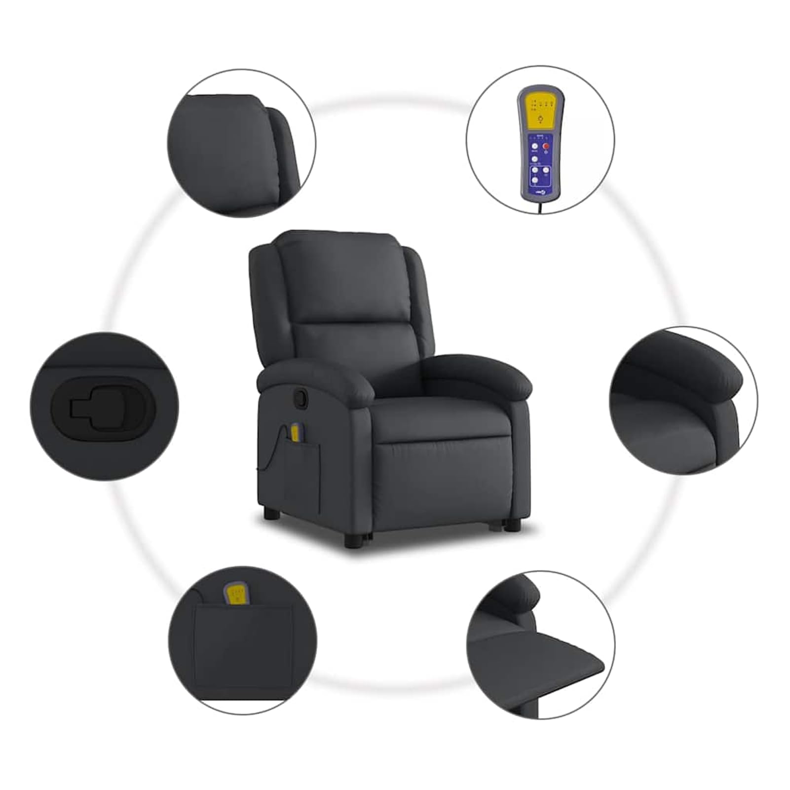 Sillón de masaje con ayuda eléctrica para levantarse | Masaje vibratorio 100% piel de vacuno, negro, 71 x 144,5 x 82 cm (posición tumbada), para personas mayores