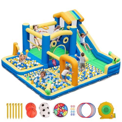 Bounce House Water Slide, 10 in 1 Inflatable Water Slide for Kids, Water Park with Blower, Water Gun, Jumping, Circle,Climbing Wall, Basketball Hoop, Blow Up Water Slides Backyard Outdoor Indoor