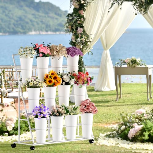 Alyoen Flower Display Stand with 12 Buckets and Wheels, 3 Tier Flower Cart Display Stand for Indoor Outdoor Garden, Wedding, Flower Shop (White) by Alyoen - Used condition - Image 3