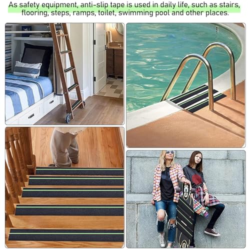 Image of JICOOT Anti Slip Traction Treads with Glow in Dark Stripe (2-PCS), 4 inch X 24 inch, Best Grip Tape Grit Non Slip, Outdoor Non Skid Tape, High Traction Friction Abrasive Adhesive for Stairs Step