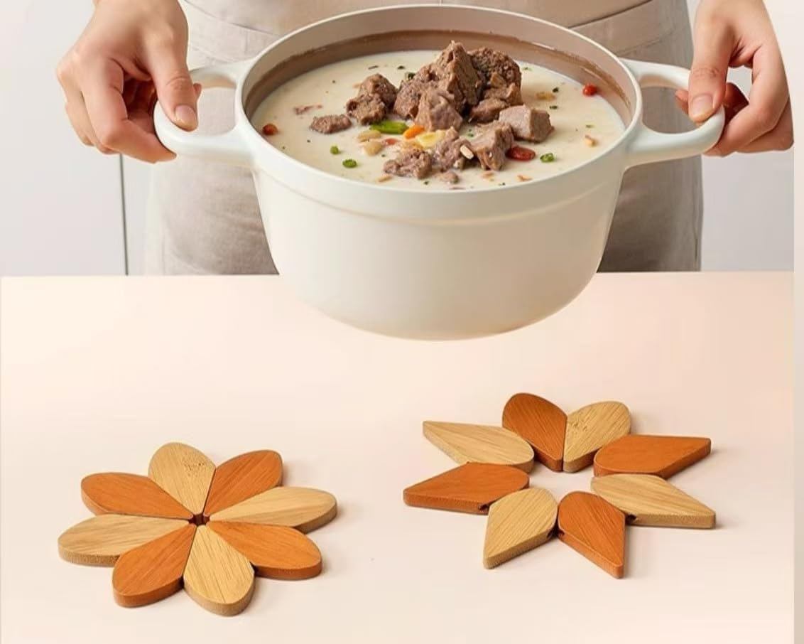 Wooden Windmill Shaped Trivet Set with Stand, Natural Wood Heat Resistant Hot Pot Holder, Reversible Design Kitchen Table Mat, 6'' Diameter, 9'' Height with Base