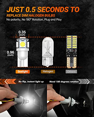 Image of SEALIGHT 194 LED Bulbs, 168 W5W 2825 LED Bulb 6000K White Super Bright Replacement for License Plate Light, Dome Light, Map Light,Courtesy Light (Pack of 10), Automotive Parking Light Assemblies