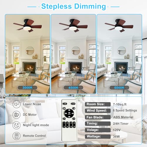 Image of Depuley Modern Ceiling Fan with Light: 25-Inch Black Small Fans for Bedroom Indoor Outdoor - Dimmable Low Profile Ceiling Fans with Remote Control Flush Mount 5 Reversible Walnut Blades 6 Speeds Timer