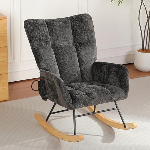 Image of Rocking Chair Nursery with Airbag, Nursery Rocking Reading Chair Indoor, Cozy Upholstered Glider Rocker Chairs with High Backrest for Living Room Bedroom Offices(Chenille, Black)