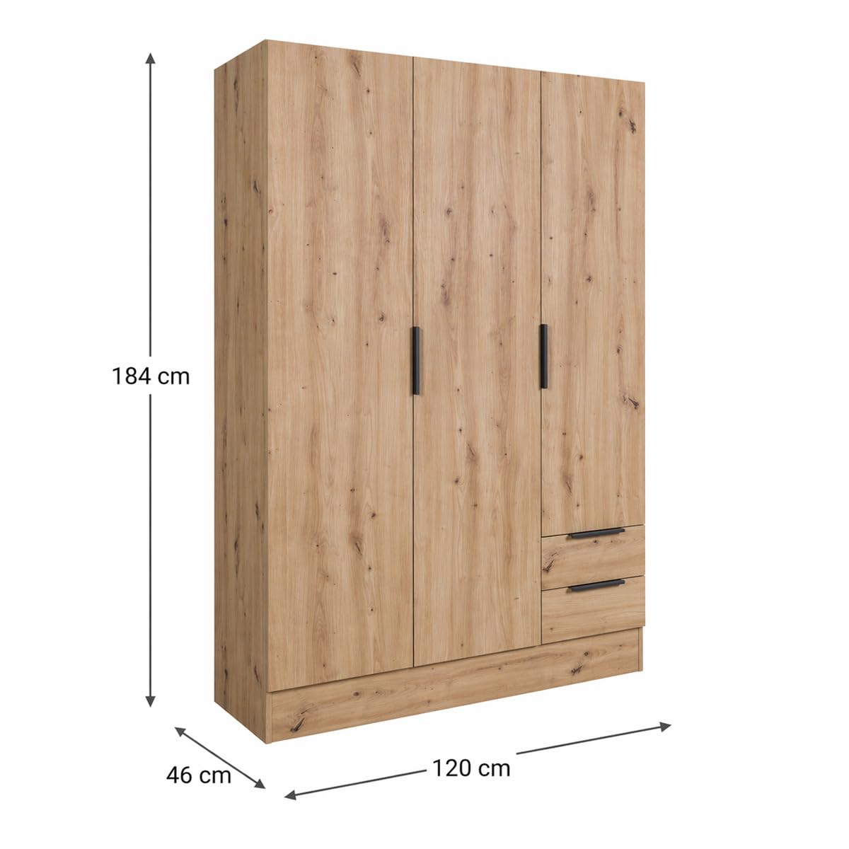 Yellowshop - Armadio mobile guardaroba 3 ante con 2 cassetti camera letto appendiabiti L120xP46xH184 cm Bambey Bianco, Cemento, Rovere Artisan Made in Italy (Rovere Artisan)