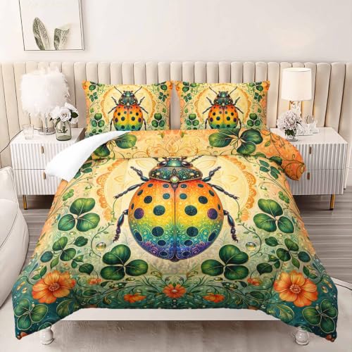 Image of AILONEN Queen Comforter Set 3 Piece, Rainbow Ladybug Clover Garden 3D Printed Bedding with 2 Pillowcases, Soft Lightweight Microfiber Nature Decor for Master Suite
