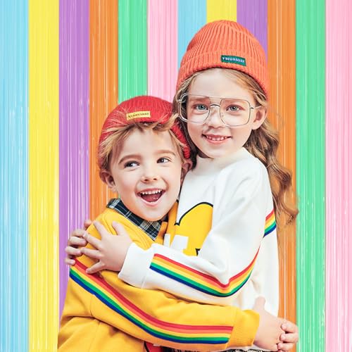 Image of Voircoloria 2 Pack Pastel Rainbow Foil Fringe Backdrop Curtains, Tinsel Streamers Party Decorations, Fringe Backdrop, Door Shimmer for Baby Shower or Birthday Party
