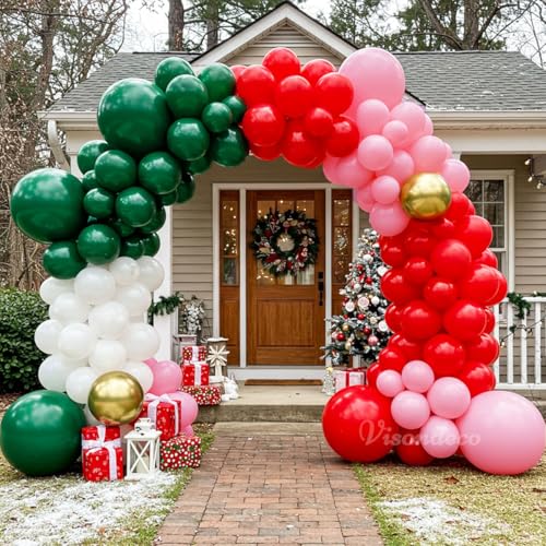 Image of Christmas Balloon Arch Kit - Green, Pink, Red, White & Gold Balloons | Double-Stuffed for fuller color, Pink Xmas balloon arch for Merry Christmas party decorations