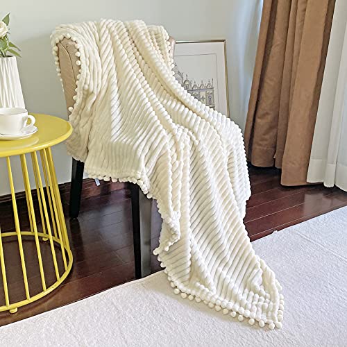 DISSA Flannel Blanket Soft Fluffy Queen Size Blanket for Couch Sofa Bed Plush Fleece Blanket Comfy Blanket with Strip Cozy Throw Blanket Warm Blanket with Pompom Fringe Travel Blanket (Beige, 90"x90")