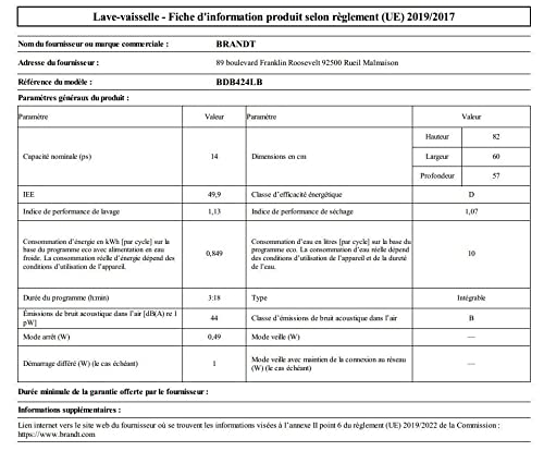 BRANDT Lave vaisselle integrable 60 cm BDB424LB