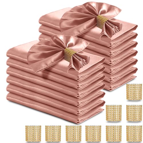 RUDONG M 100 Pcs Rose Gold Satin Napkins and Napkin Rings Set 17 x 17 Inch Square Cloth Napkins Set of 50 Silky Soft Table Napkins Bulk for Weddings Banquet Parties Dinner Decoration