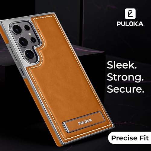 Image of PULOKA Chrome Leather Back Case - Compatible with Samsung Galaxy S23 Ultra - Luxury Bumper Case - Flexible Vegan Leather - Electroplated Sides - Full Camera Protetection & Raised Edges - Tan