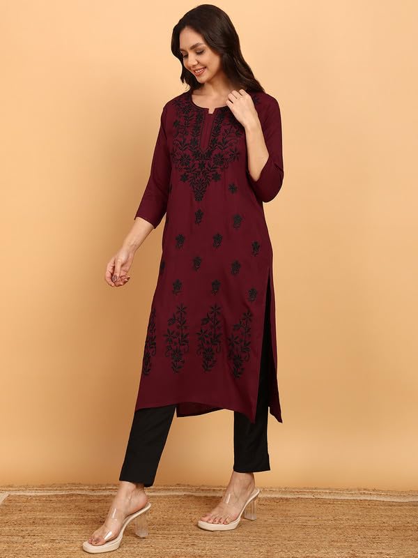 Image of Women Pink Ethnic motifs Embroidered Lucknowi Chikankari Long Kurti
