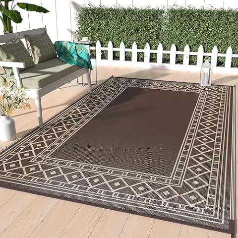 GENIMO Outdoor Rug Waterproof 9' x 12' for Patio, Foldable Reversible Plastic Straw Carpet for Travel Trailers, Outside Area Mat for Rv, Deck, Picnic, Porch, Camper, Balcony, Beach, Coffee & Beige Cover