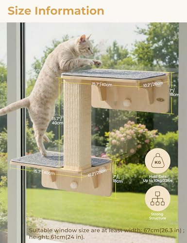 Image of Pecute Double Cat Shelves with Scratching Post for Wall & Window | Solid Wood Frame, Strong Suction Cups, Washable Cover Mat, Cats Perch Bed for Birds Watching Inside, Indoor Cat Hammock Bed