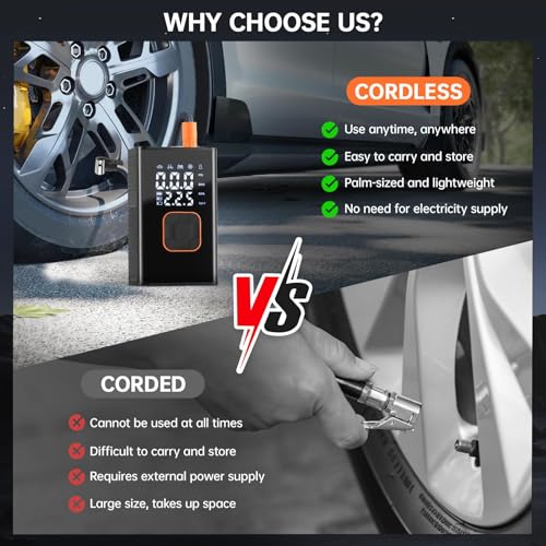 Aischens Tragbarer Reifenfüller & Luftkompressor für Auto und Fahrrad – Elektrische Luftpumpe mit digitalem Reifendruck-Manometer, wiederaufladbar (Portable Air Pump)