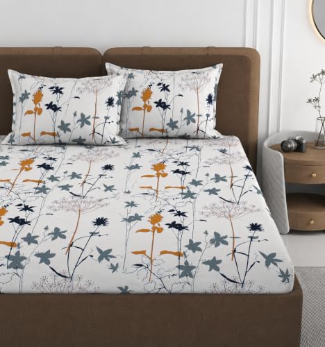 Image of 380 TC Premium Glace Cotton Elastic Fitted Bedsheet King Size with 2 Pillow Covers King Size | Double Bed with All Around Elastic (White NEW, Fitted Queen-60x78)