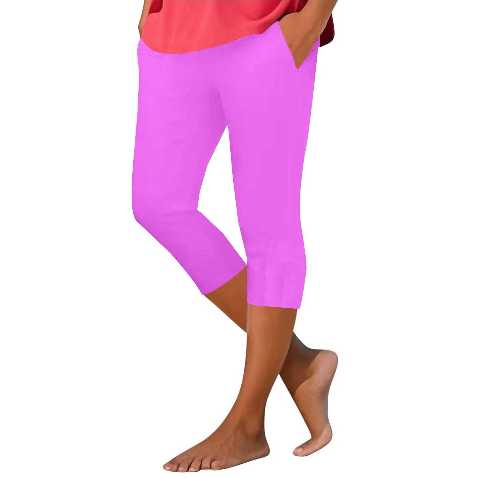 Womens Cropped Trousers Ladies Summer High Waist Tummy Control Yoga Pants Plus Size Stretchy Cropped Trousers 3/4 Length Pusher Clothes Shorts My Orders Light Purple