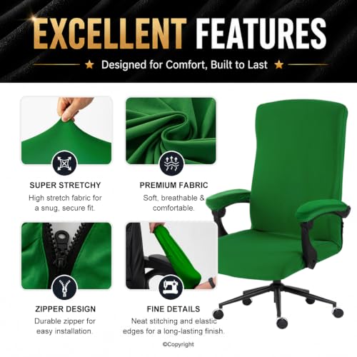 Image of Stretch Computer Office Chair Cover with Armrest Covers Durable Zipper Universal Washable Removable Spandex Rotating Boss Chair Slipcovers Anti-dust Soft Desk Chair Seat Protector (Green)