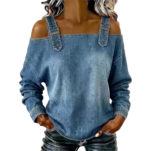 Sweat en Denim Patchwork Femme Fashion Manches Longues Pull-Over Col Rond Couleur Unie Top Haut Streetwear Grandes Tailles Vetement pour Printemps Automne...