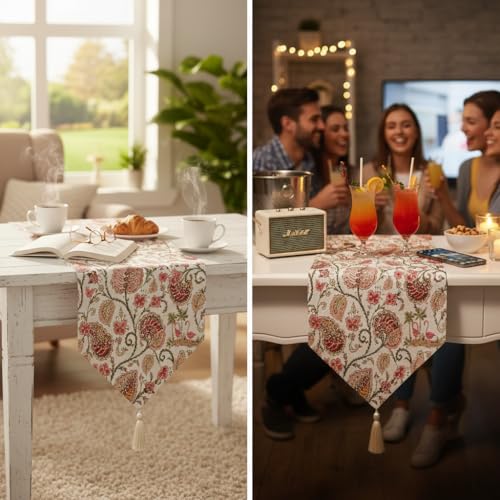 Image of COZY FURNISH Floral Dining Table Runner for 6 Seater - Premium Pure Cotton Bed Runner with Tassels | Modern Kitchen & Bedroom Decor Runner (13 x 72 Inches)