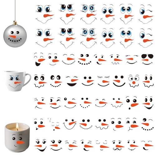 52PCS Snowman Face Stickers for Crafts Snowman Face Decals for Christmas Ball Ornaments Cups Mugs Jars Window Stickers DIY Christmas Tree Ornaments Decorations Holiday Crafts