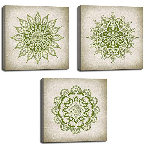 Klvos Mandala Wall Art For Living Room 3 Piece Lemon Green Boho Flowers Pattern Canvas Prints Artwork Vintage Floral Pictures Stretched Framed For Girl Yoga Spa Decorations 12Inchx12Inchx3 Panel #TOP19