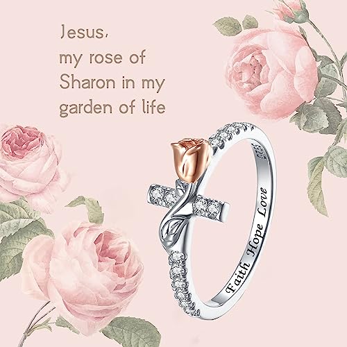 Sololike Sterling Silver Rose Flower Rings: Jesus Sideways Cross Rings Faith Hope Love Promise Rings For Her Stacking Ring For Women - Valentine'S Day Jewelry Gifts thumb #1