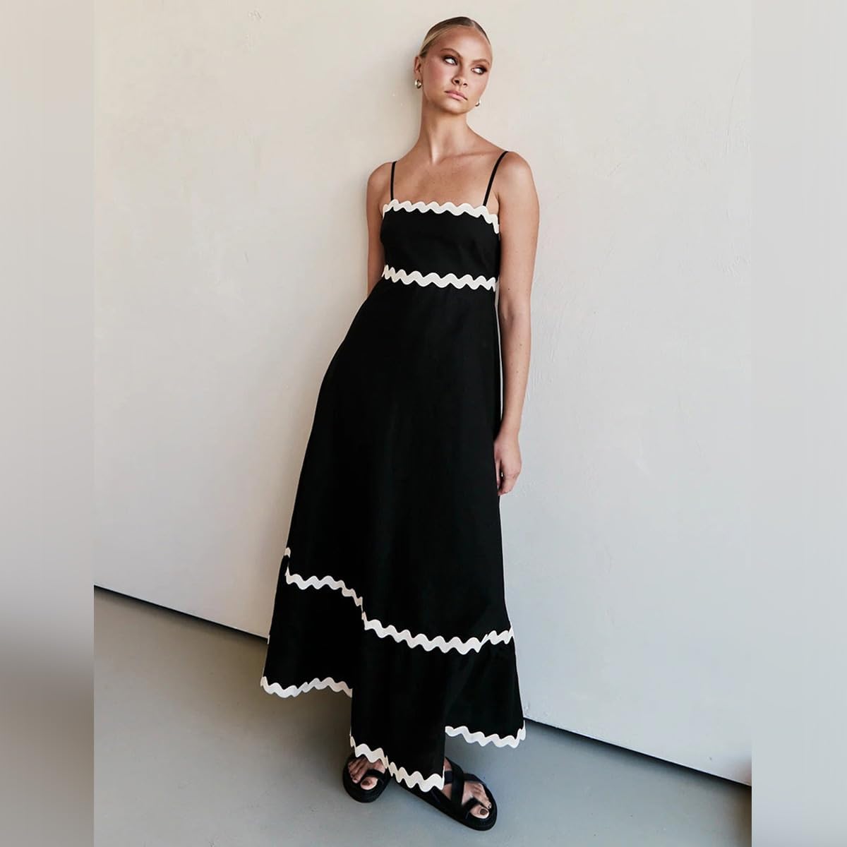 OBEEII Women Summer Dresses 2024 Vacation Boho Spaghetti Strap Backless Smocked Rickrack Trim Flowy A-line Maxi Sundress - Image 3