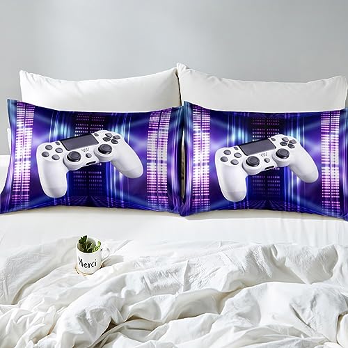 Loussiesd Gamer Bedding Set Single Boys Teenage Gaming Modern Vr Player Bed Cover For Teens Duvet Cover Play Joystick Home Bedroom Decor White Gamepad Blue Purple - Image 4