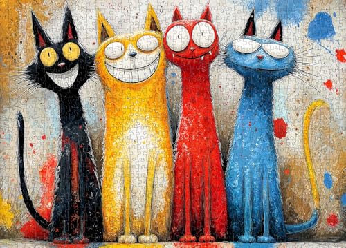 Rompecabezas para adultos de 1000 piezas, Gatos Neon Traviesos, difícil y desafiante - Sin polvo, letras en la parte posterior, póster 1:1, juego familiar y decoración (27.6"X19.7") miniatura 2
