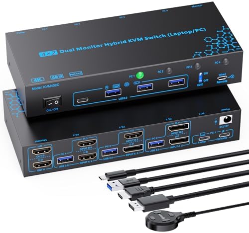 2 Monitors 4 Computers KVM Switch Laptop and Desktop 4 Port Hybrid USB-C Docking & Dual Displayport & DP HDMI & Dual HDMI 4K@60Hz KVM Switch with EDID Emulator, Support PD 100W Charging