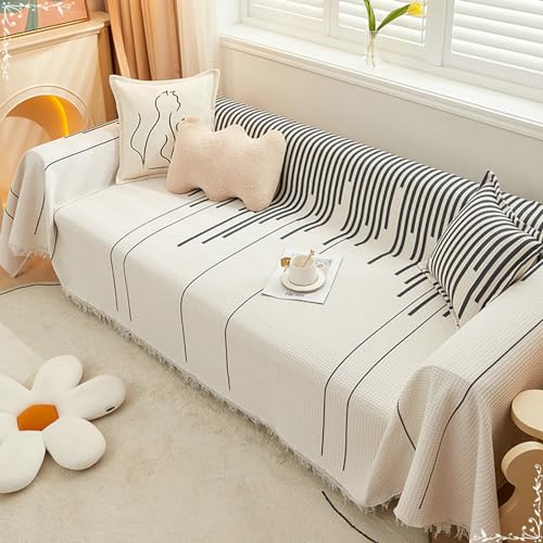 Ayoiow Copridivano Letto Telo Copriseduta Divano Bianco Nero Copridivano 3Posti Lino Cotone Motivo Waffle con Strisce Fodera Divano Manstad