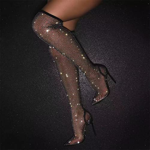 Elbslutt Women's Sparkly Stilettos Mesh Thigh High Boots Pointed Toe High Heels Rhinestones Over The Knee Summer Boots2