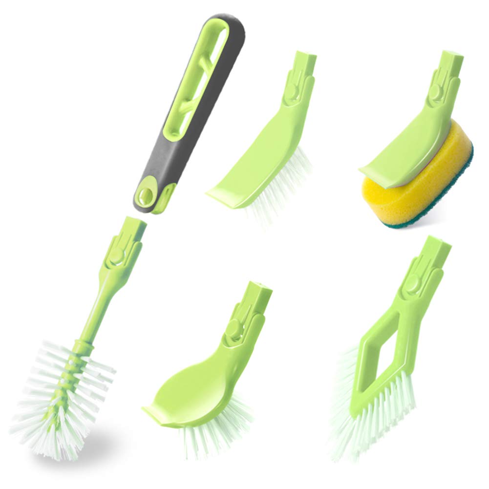 Guay Clean Kitchen Brush Kit - Reinigungsset mit Griff - Inklusive: Rechteckige Bürste Schwammbürste Rundbürste Flaschenbürste und Eckbürste - 5 Stück Multifunktions-Aufsätze - Grün