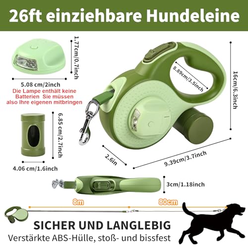 8M Lange einziehbare Hundeleine mit LED-Licht, Hundeleine mit Kotbeutelhalterung 360° Verhedderungsfreier Leinenverlängerung Robustes Nylongeflecht für Mittelgroße Große Hunde Training