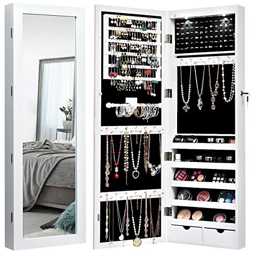 COSTWAY Armoire à Bijoux Mural 2 LED, Meuble de rangement avec Crochets Réglables, Miroir grand format et Tiroirs, pour Maquillage Quotidien et Bijoux, 108 x 37 x 9,5 cm, Blanc/Brun (Blanc)