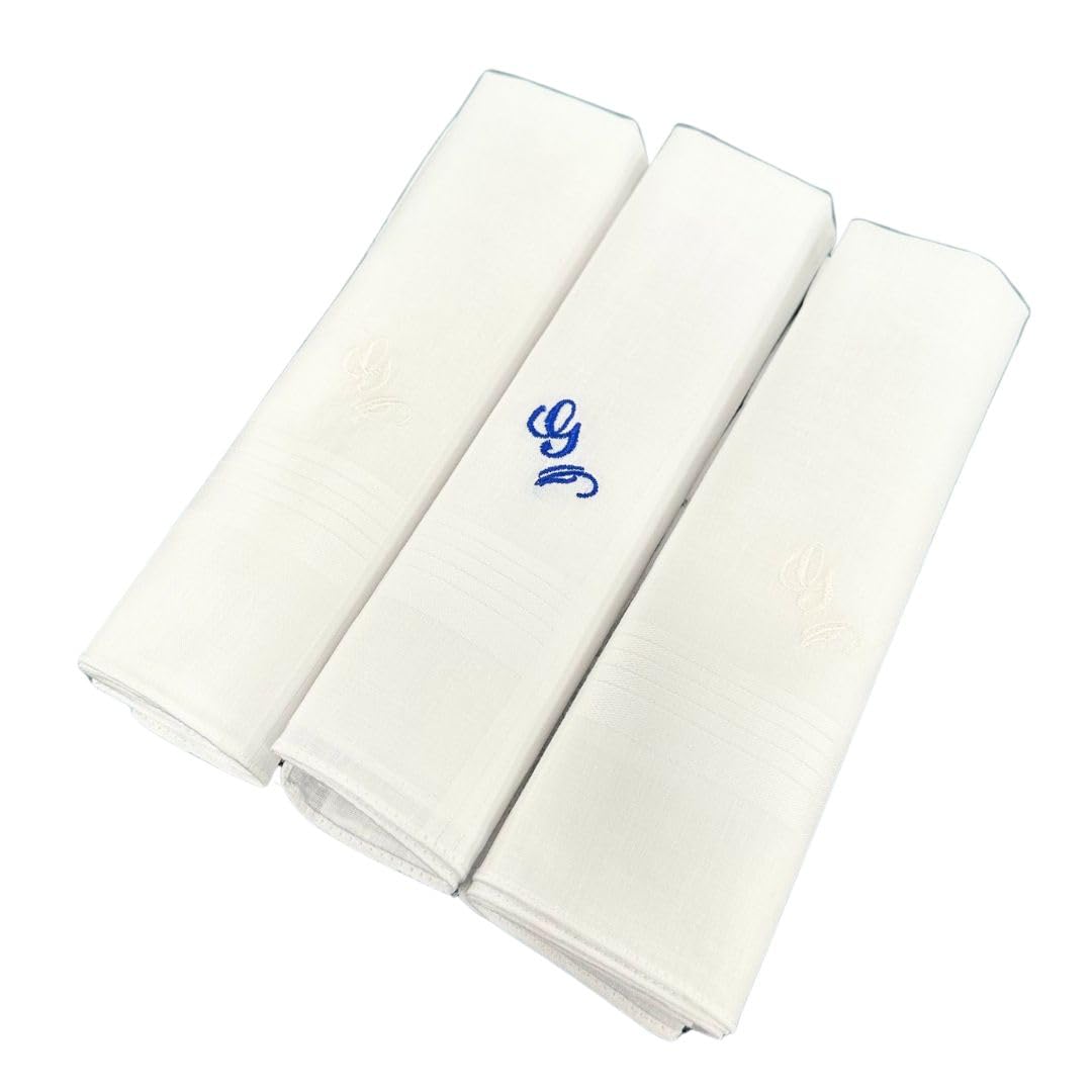 Go West Men's White Alphabet Handkerchief – G Embroidery – 100% Cotton, 40X40 Cm – Hanky- Pack Of 3