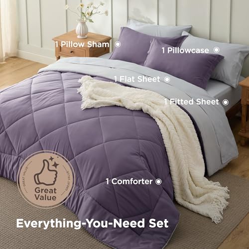 Image of Bedsure Twin Comforter Set - 5 Pieces Reversible Grayish Purple Bedding, Twin Size Bed Set for All Seasons, Bed in a Bag with Down Alternative Comforter, Sheets, Pillowcase & Sham