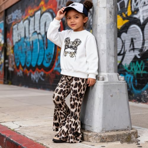 Image of KIDLAGA Toddler Girl Clothes Figure Graphic Drop Shoulder Top Pullover Leopard Print Flared Pants Fall Winter Outfit Set