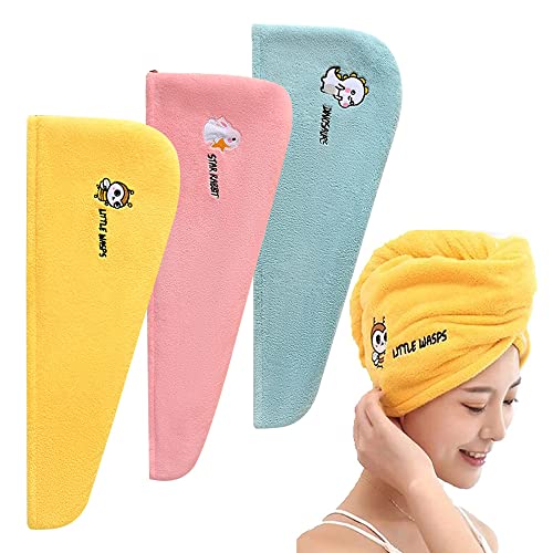 Stickerboy 3 Pack Microfibre Hair Towel Wrap Super Absorbent Dry Hair Hat Towel Turban with Button Design Soft and Anti Frizz Head Towel for Women, Kids, Long Curly Thick Hair