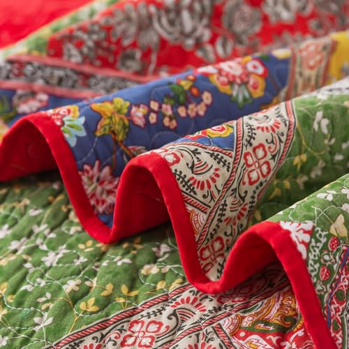 BEDIFANY Cotton Queen Quilt Set - Vintage Farmhouse Bedspread with Vibrant Floral Pattern, 3-Piece Lightweight Coverlet (90x98 Inch) + 2 Pillow Shams, All Seasons Multicolor Quilt Bedding Set