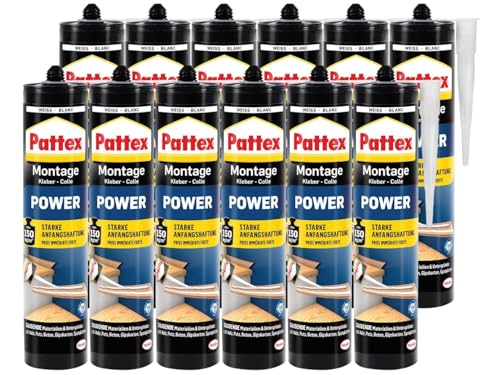 Pattex Montagekleber Power, Baukleber mit starker Anfangshaftung, Kraftkleber für saugende Materialien, Kleber für innen & außen (12er Pack)